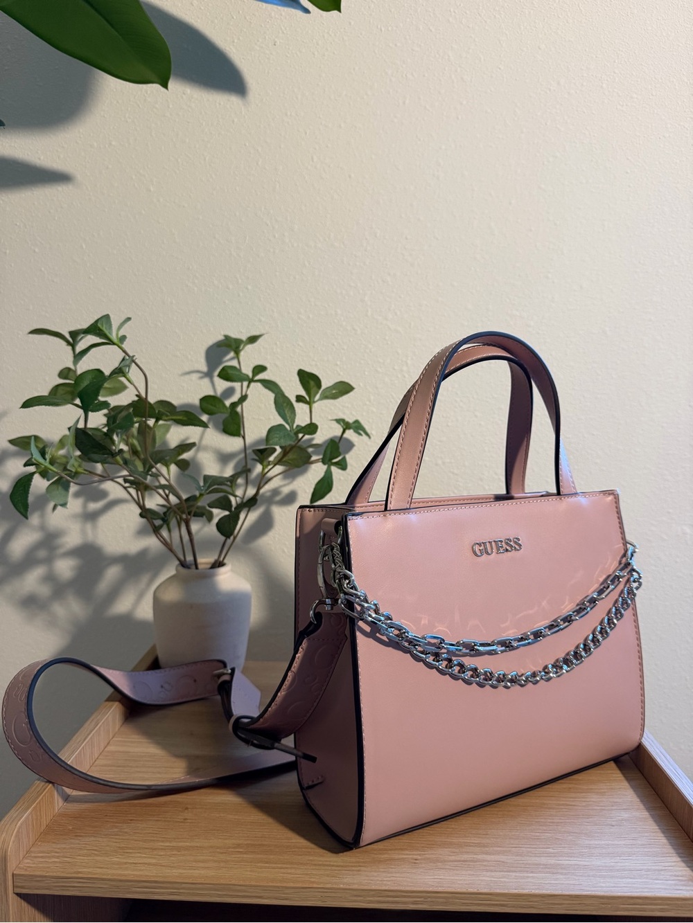 GUESS Blush Pink Patent Satchel with Chain Detail
